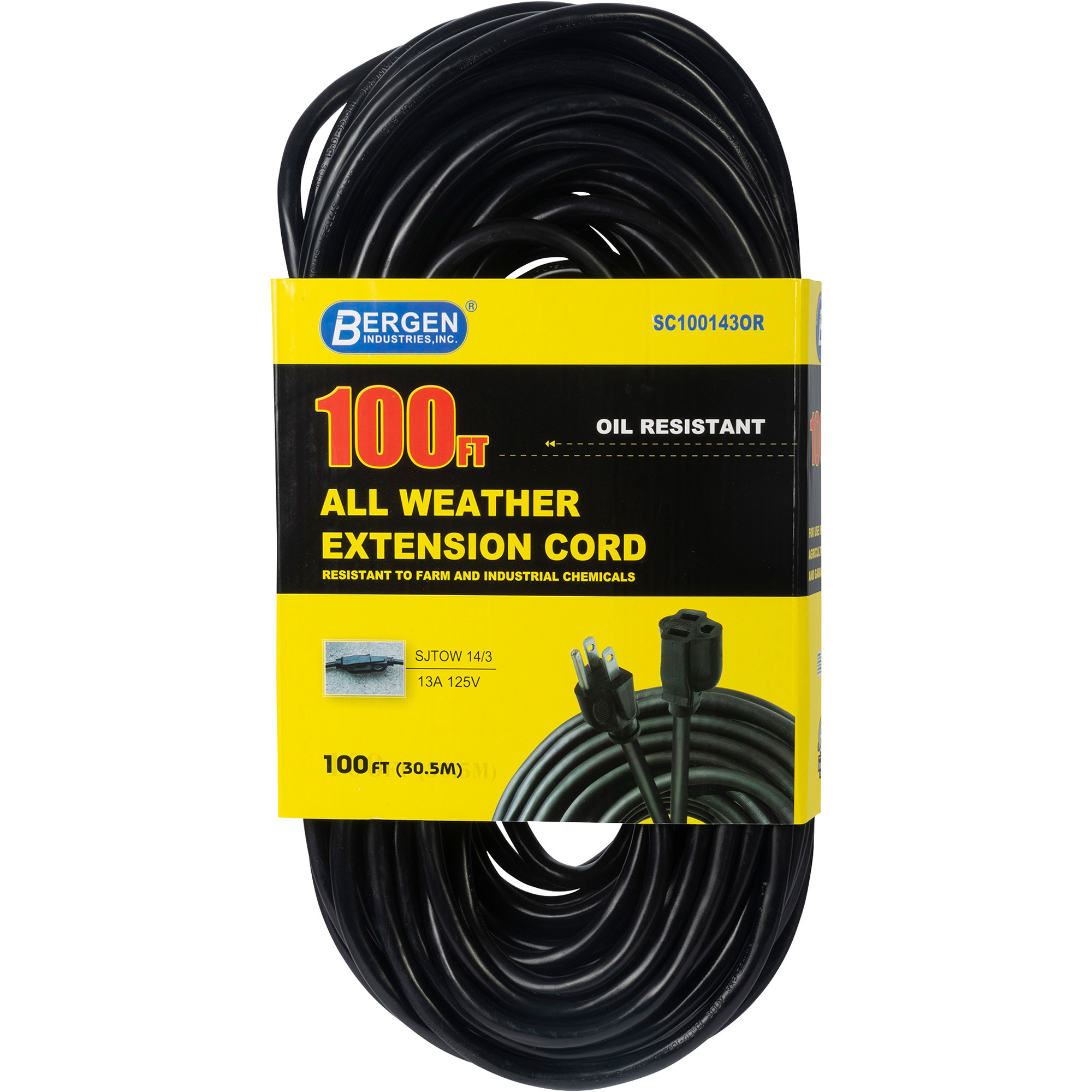 Bergen Industries Heavy-Duty Outdoor Extension Cord, 100ft., 14/3 Gauge, 15 Amps, Model# SC100143OR